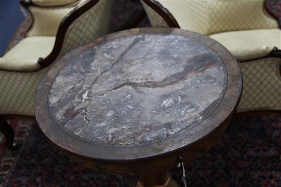 A 19th century Maltese olive wood marble top drum table, W.2ft 1.25in.